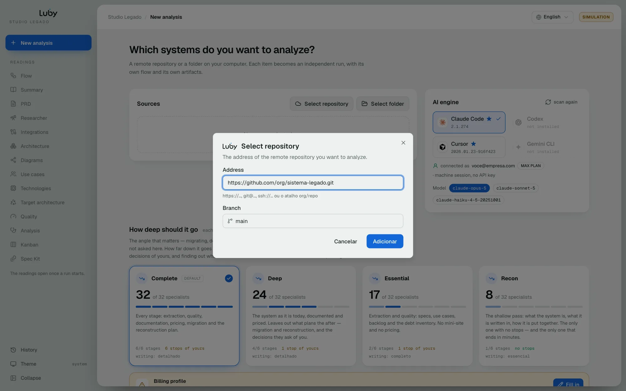 Select repository dialog with address and branch