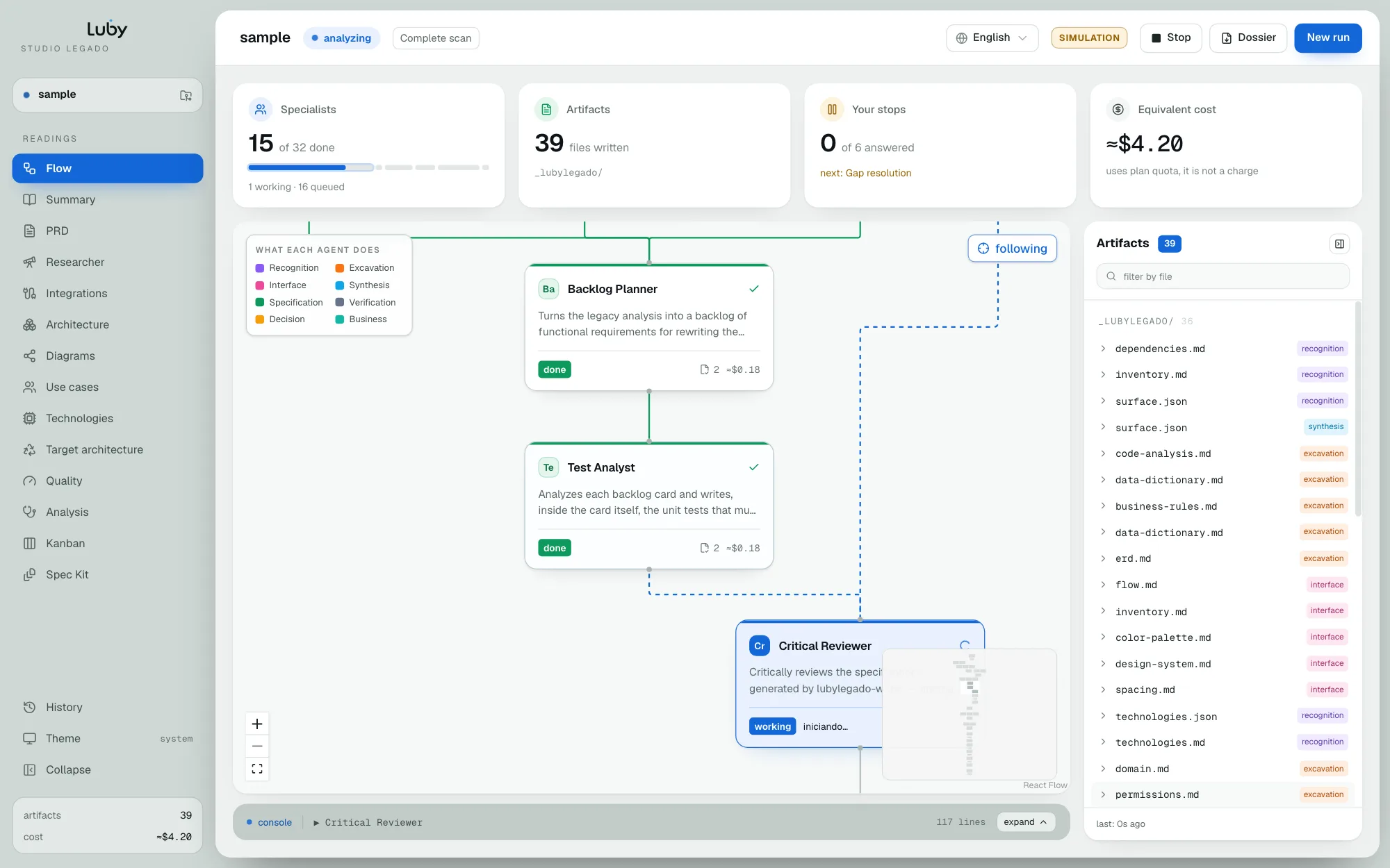 Flow view with indicators, agent graph, artifacts panel and console