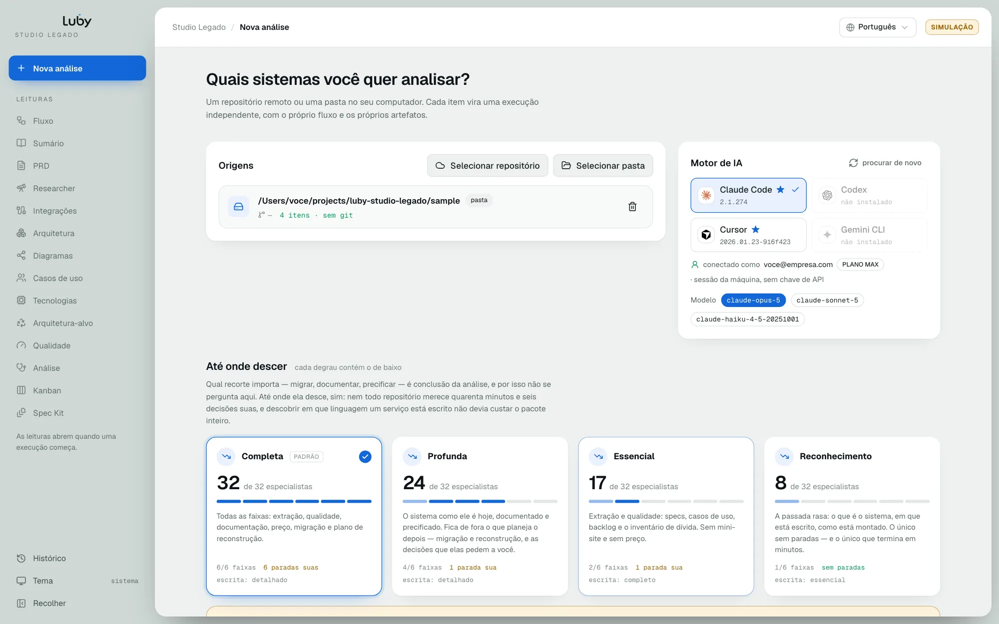 Origem selecionada como cartão, com itens e status de git