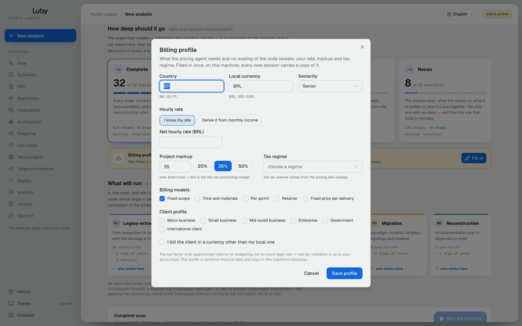 Billing profile form: country, currency, seniority, rate, markup, regime and models